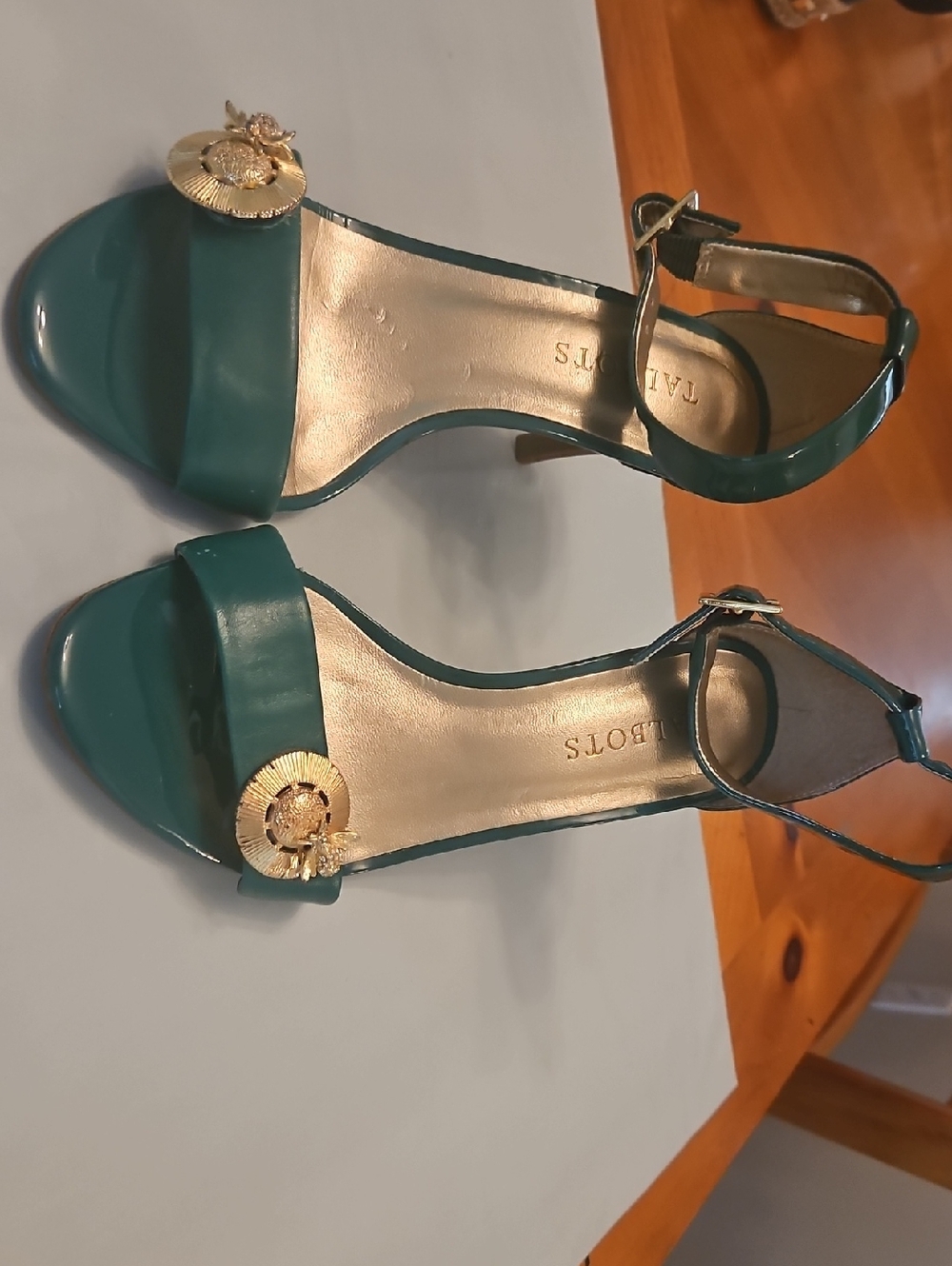 Talbots Teal Patent Open-Toe Ankle-Strap Heels with Gold Emblems - Picture 1 of 9